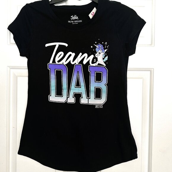 NWT Girls Justice Black Short Sleeve Top-Team DAB with‎ a Unicorn - Picture 1 of 4